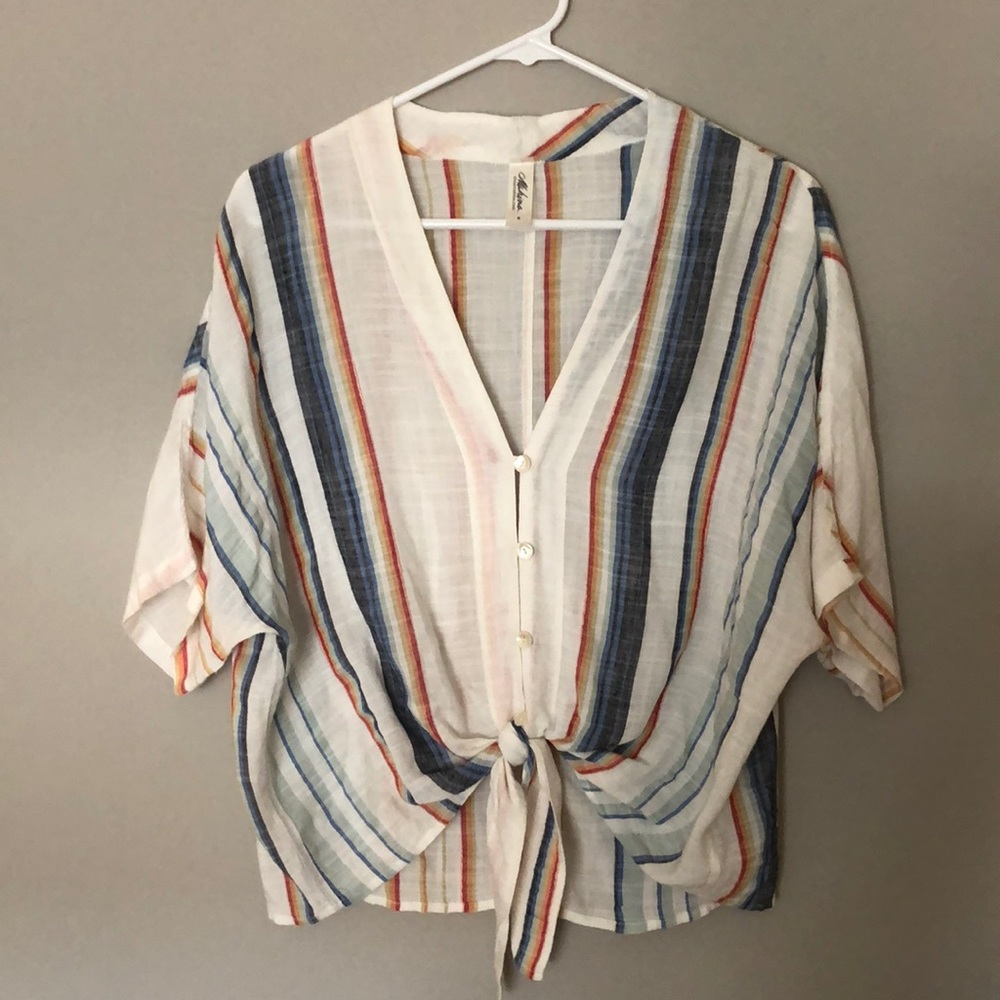 Linen cropped tie blouse